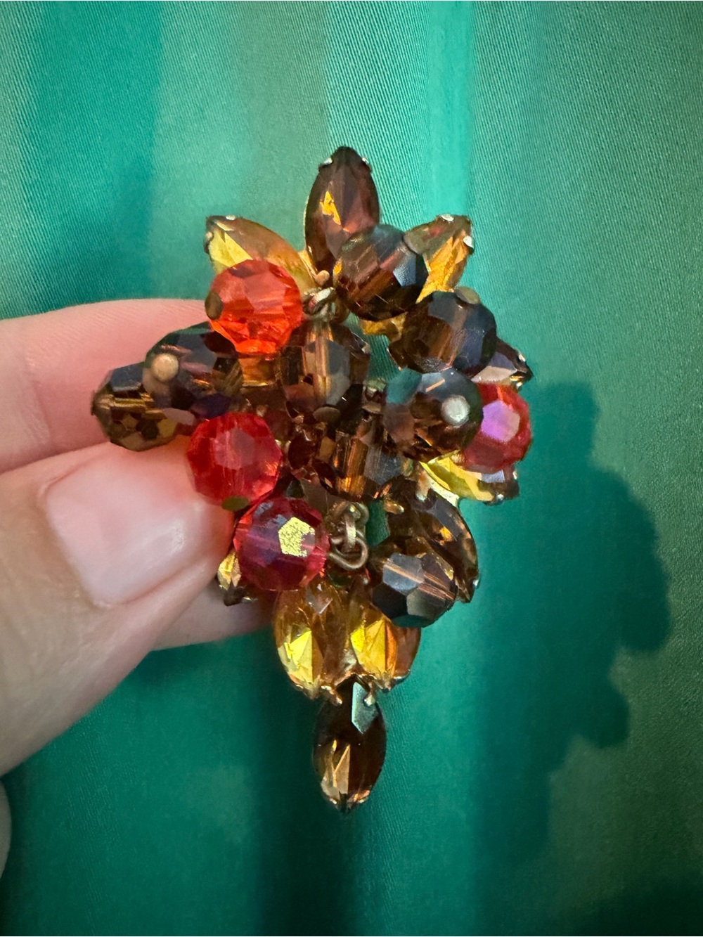 Vintage-Crystal Floral Brooch in Red and Amber